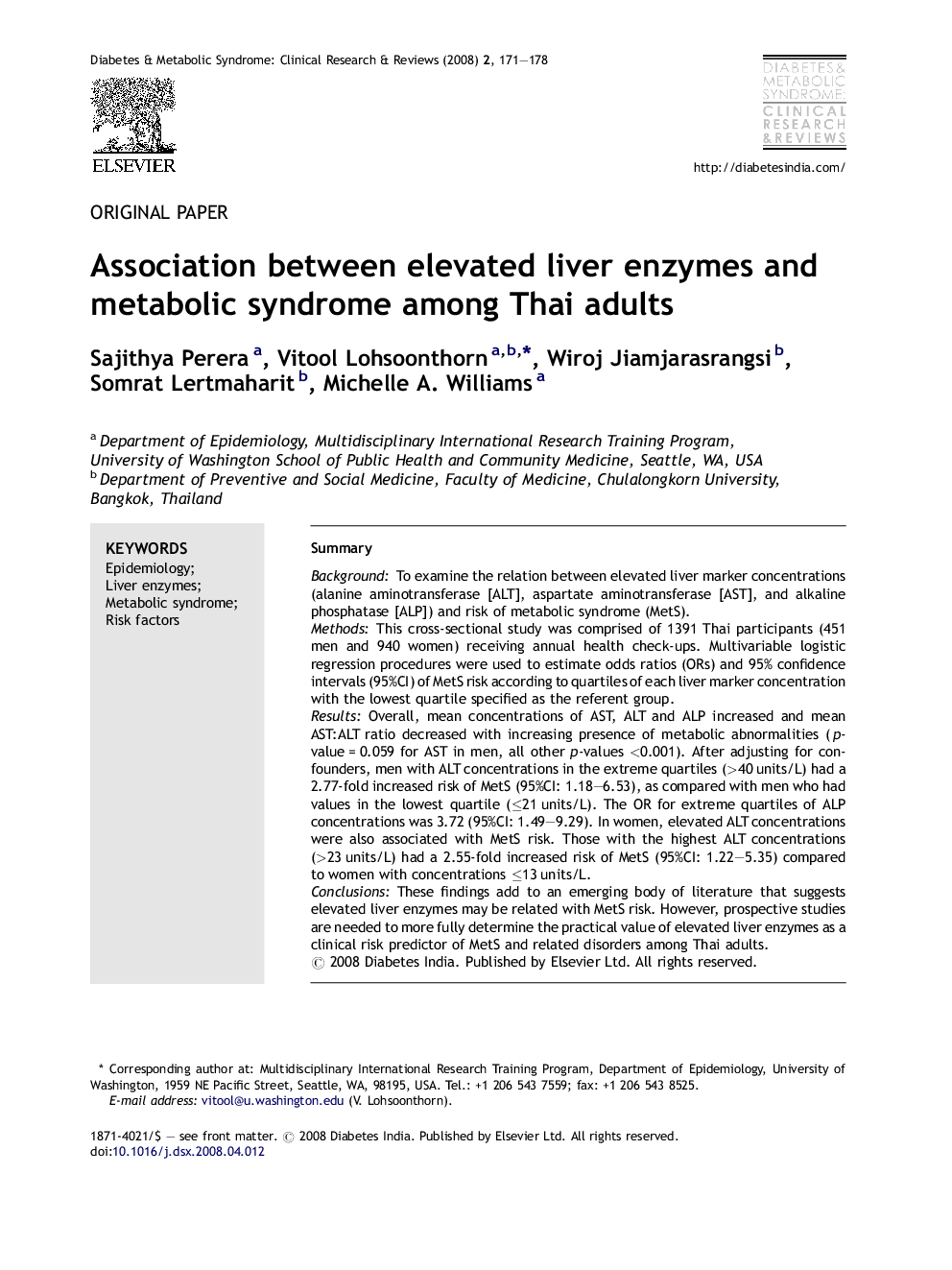 Association between elevated liver enzymes and metabolic syndrome among Thai adults