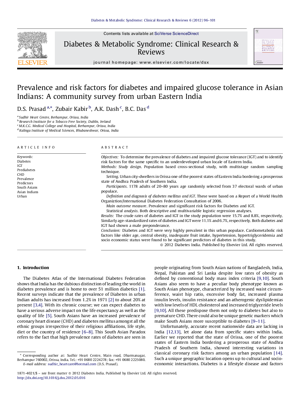 Prevalence and risk factors for diabetes and impaired glucose tolerance in Asian Indians: A community survey from urban Eastern India