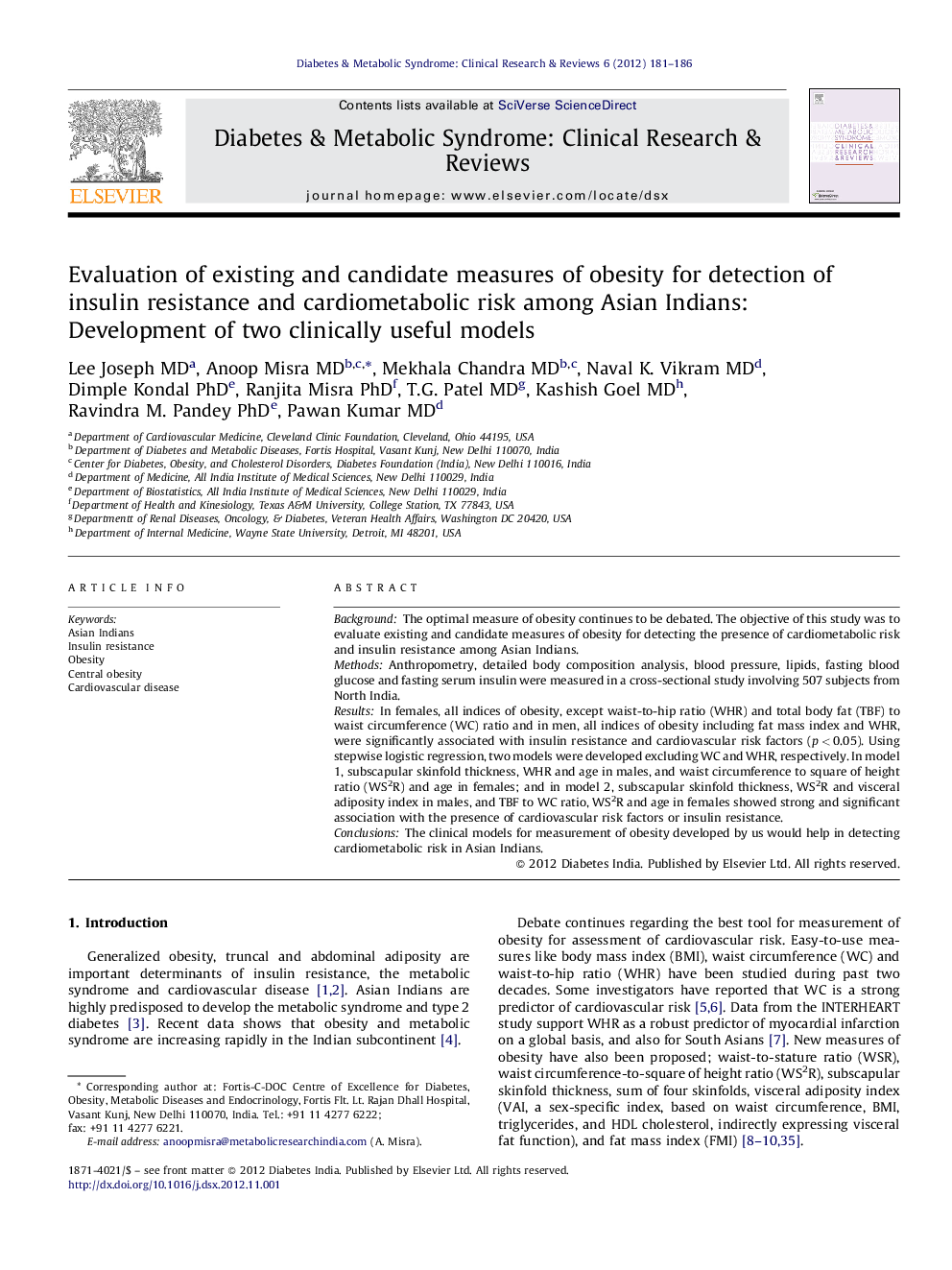 Evaluation of existing and candidate measures of obesity for detection of insulin resistance and cardiometabolic risk among Asian Indians: Development of two clinically useful models