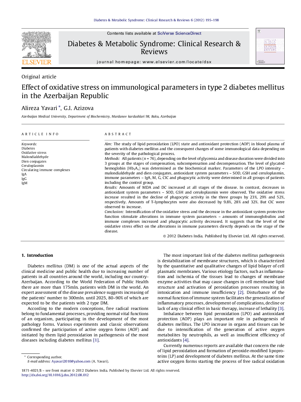 Effect of oxidative stress on immunological parameters in type 2 diabetes mellitus in the Azerbaijan Republic