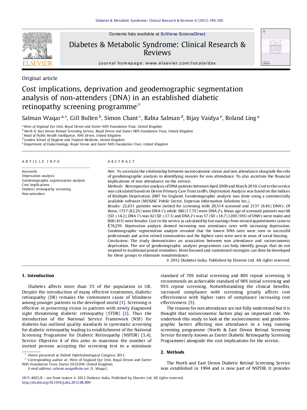 Cost implications, deprivation and geodemographic segmentation analysis of non-attenders (DNA) in an established diabetic retinopathy screening programme 