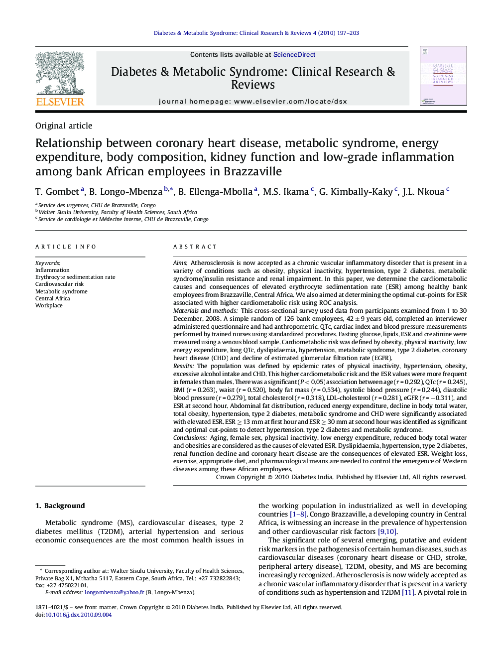 Relationship between coronary heart disease, metabolic syndrome, energy expenditure, body composition, kidney function and low-grade inflammation among bank African employees in Brazzaville