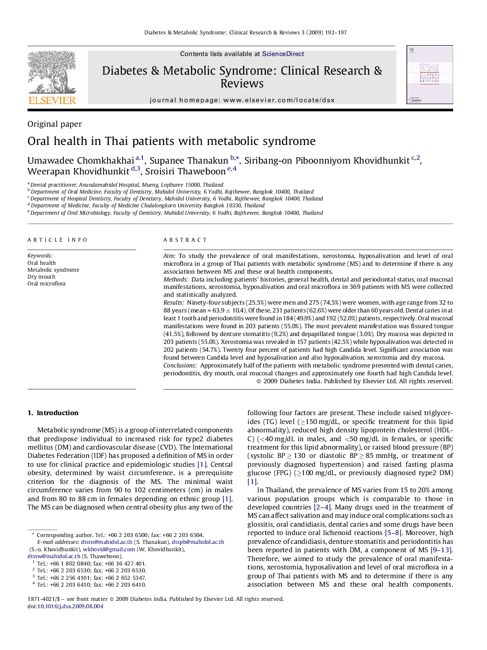 Oral health in Thai patients with metabolic syndrome