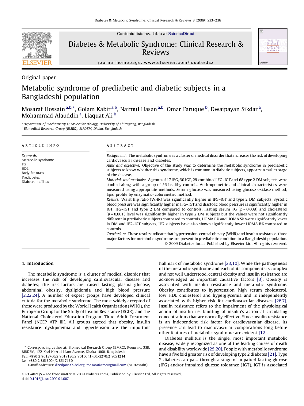 Metabolic syndrome of prediabetic and diabetic subjects in a Bangladeshi population