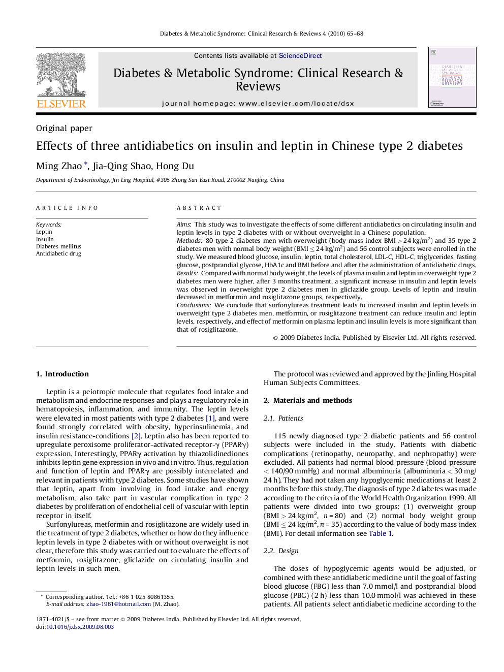 Effects of three antidiabetics on insulin and leptin in Chinese type 2 diabetes