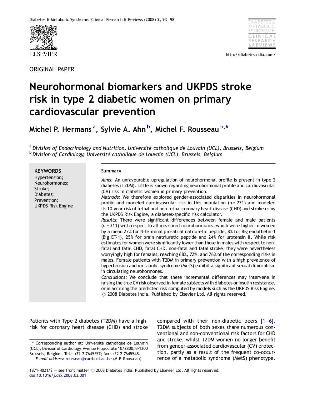 Neurohormonal biomarkers and UKPDS stroke risk in type 2 diabetic women on primary cardiovascular prevention