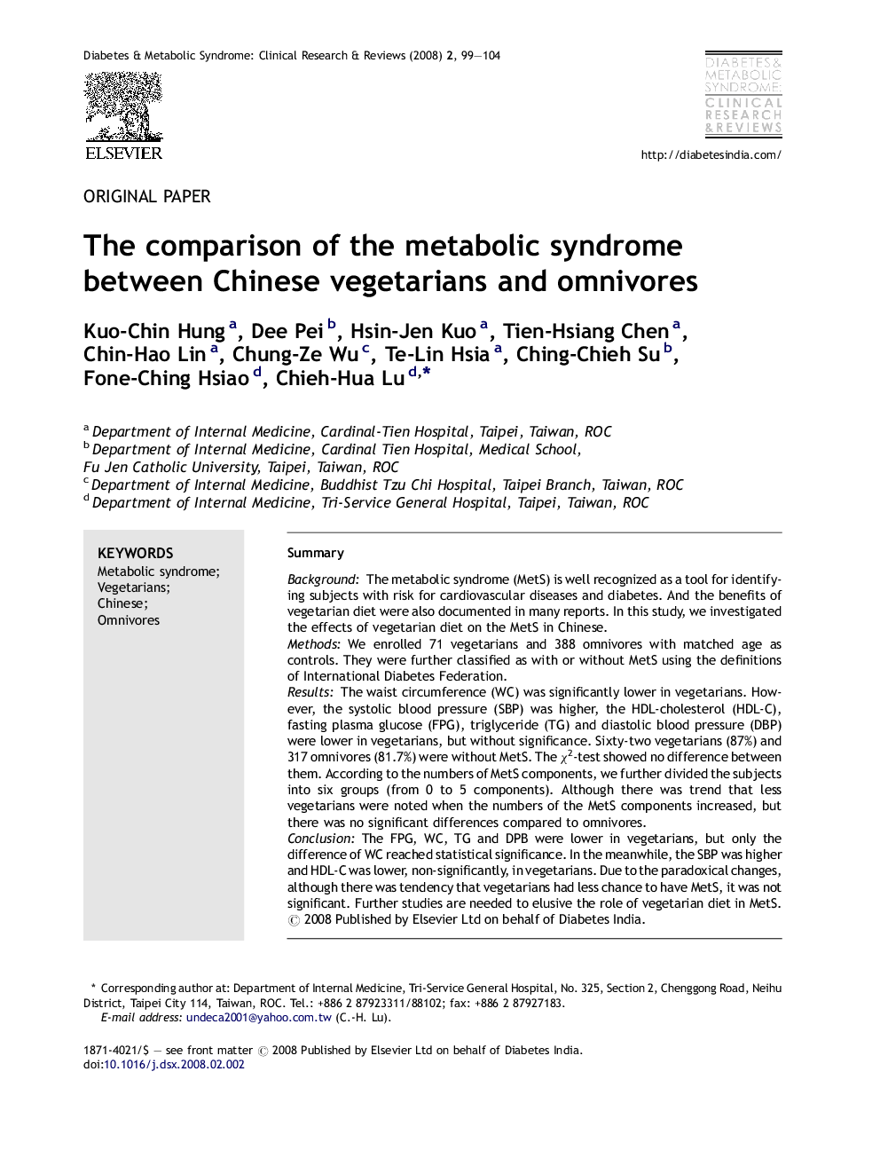 The comparison of the metabolic syndrome between Chinese vegetarians and omnivores
