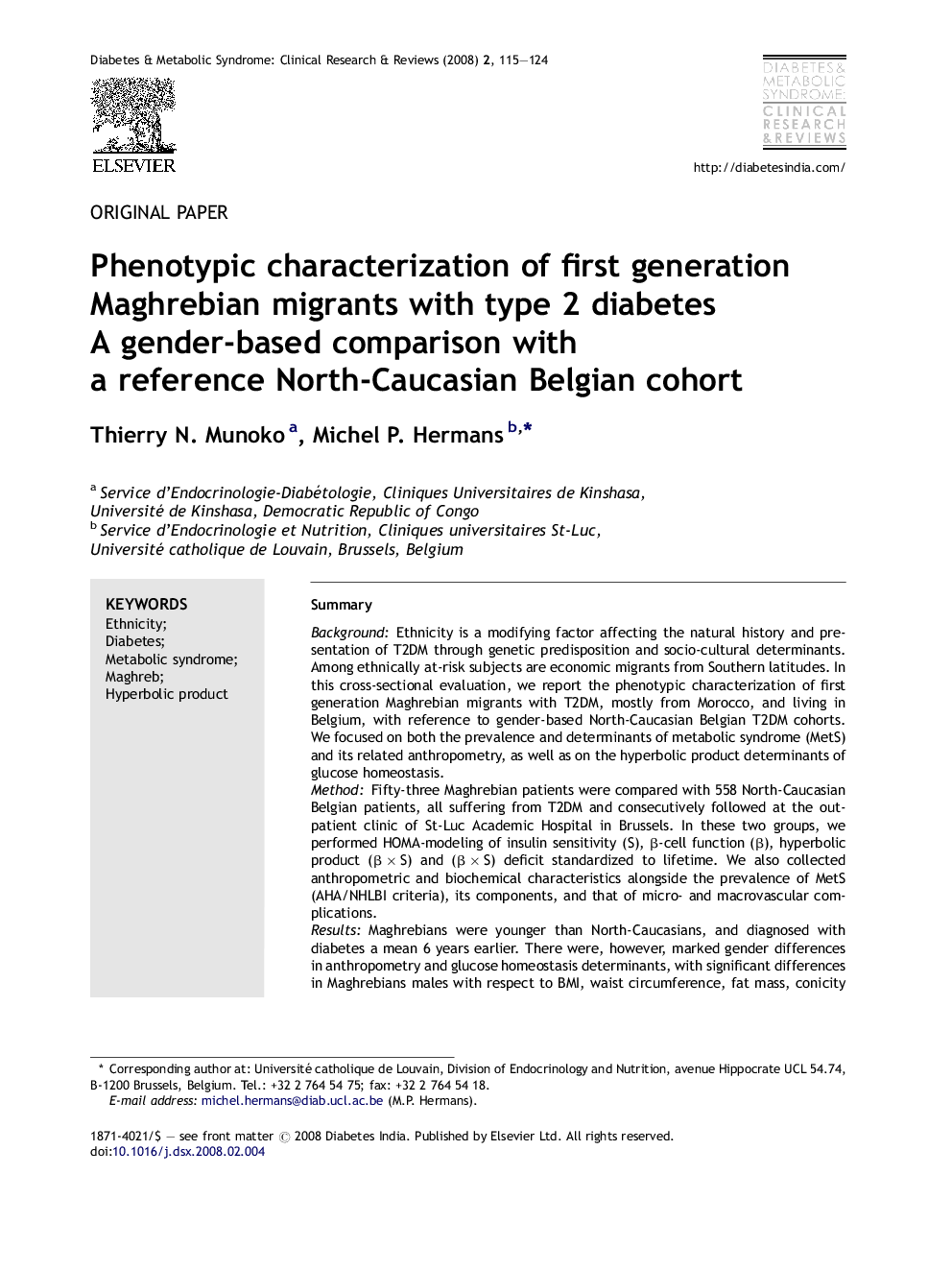 Phenotypic characterization of first generation Maghrebian migrants with type 2 diabetes: A gender-based comparison with a reference North-Caucasian Belgian cohort