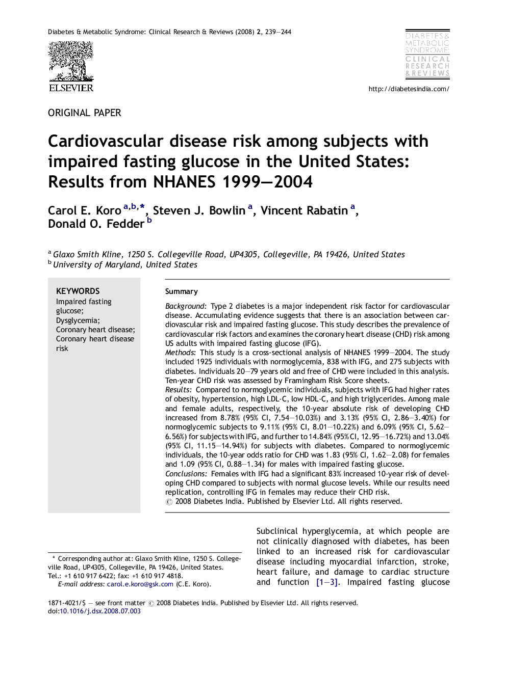 Cardiovascular disease risk among subjects with impaired fasting glucose in the United States: Results from NHANES 1999–2004