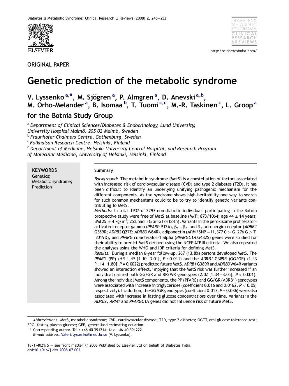 Genetic prediction of the metabolic syndrome