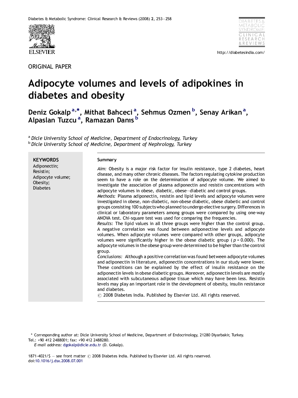 Adipocyte volumes and levels of adipokines in diabetes and obesity