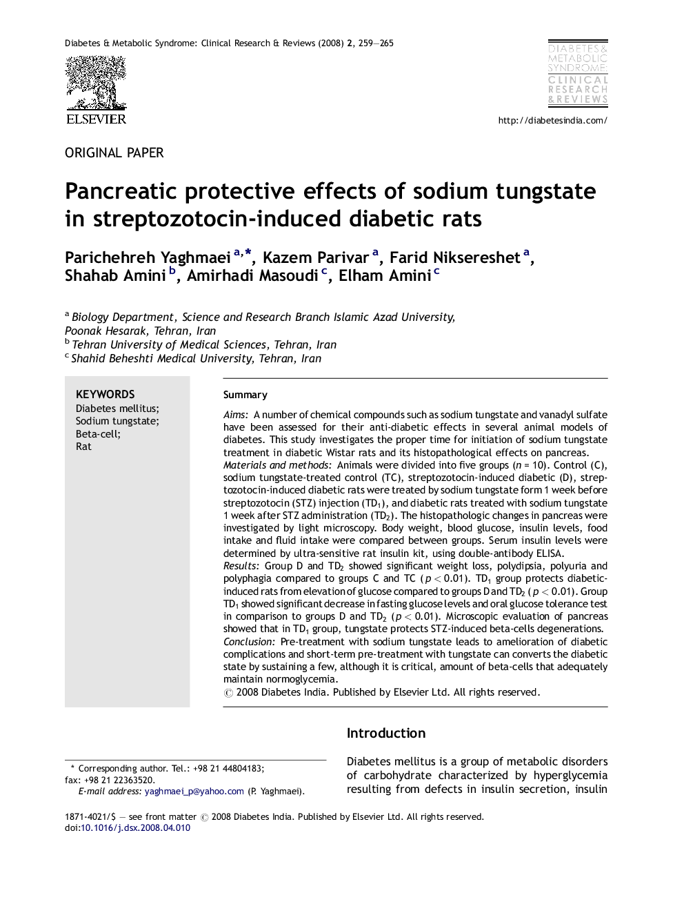 Pancreatic protective effects of sodium tungstate in streptozotocin-induced diabetic rats