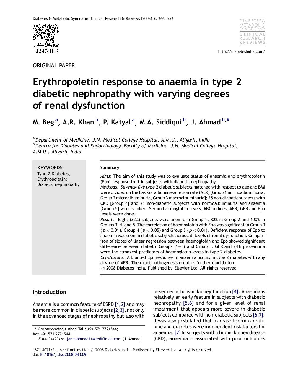 Erythropoietin response to anaemia in type 2 diabetic nephropathy with varying degrees of renal dysfunction