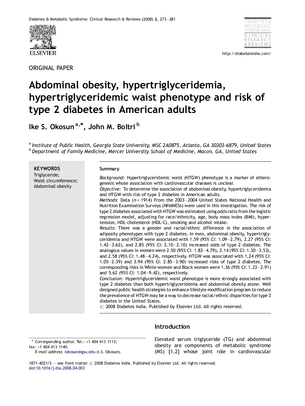 Abdominal obesity, hypertriglyceridemia, hypertriglyceridemic waist phenotype and risk of type 2 diabetes in American adults