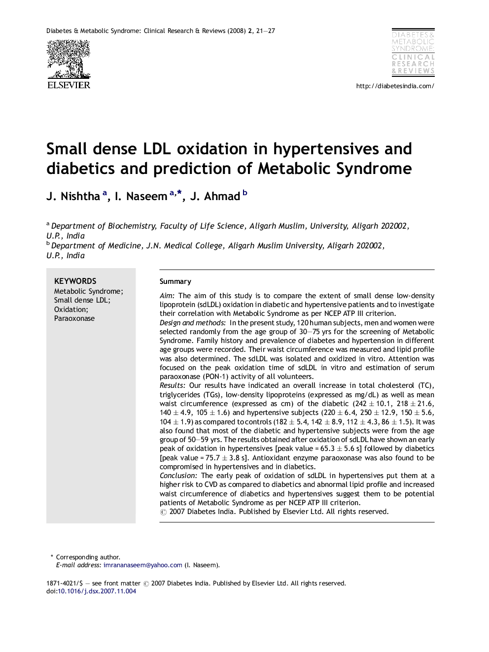 Small dense LDL oxidation in hypertensives and diabetics and prediction of Metabolic Syndrome