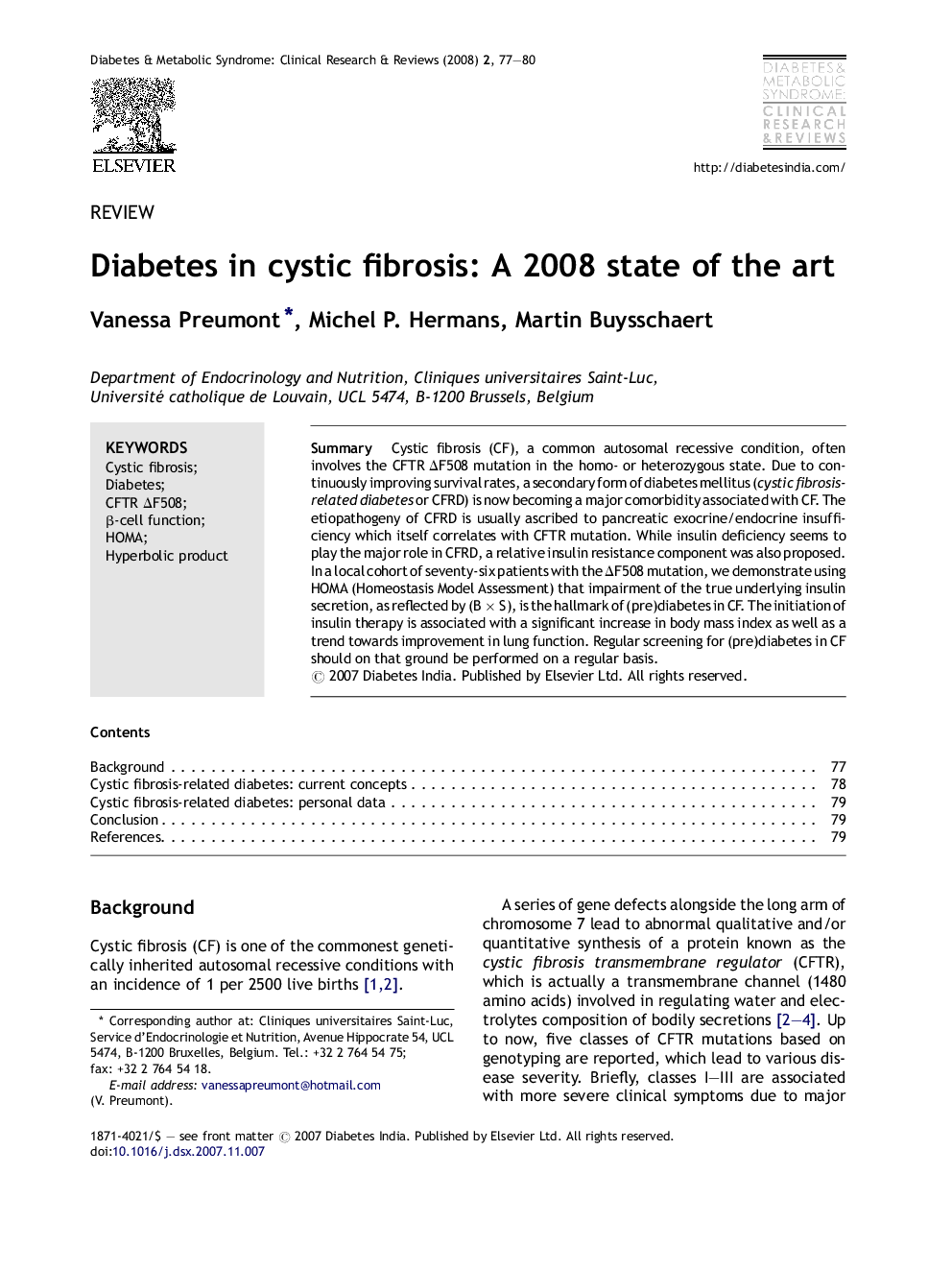 Diabetes in cystic fibrosis: A 2008 state of the art