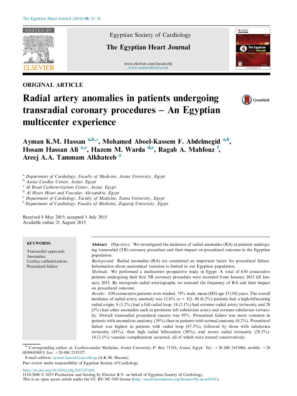 Radial artery anomalies in patients undergoing transradial coronary procedures – An Egyptian multicenter experience 