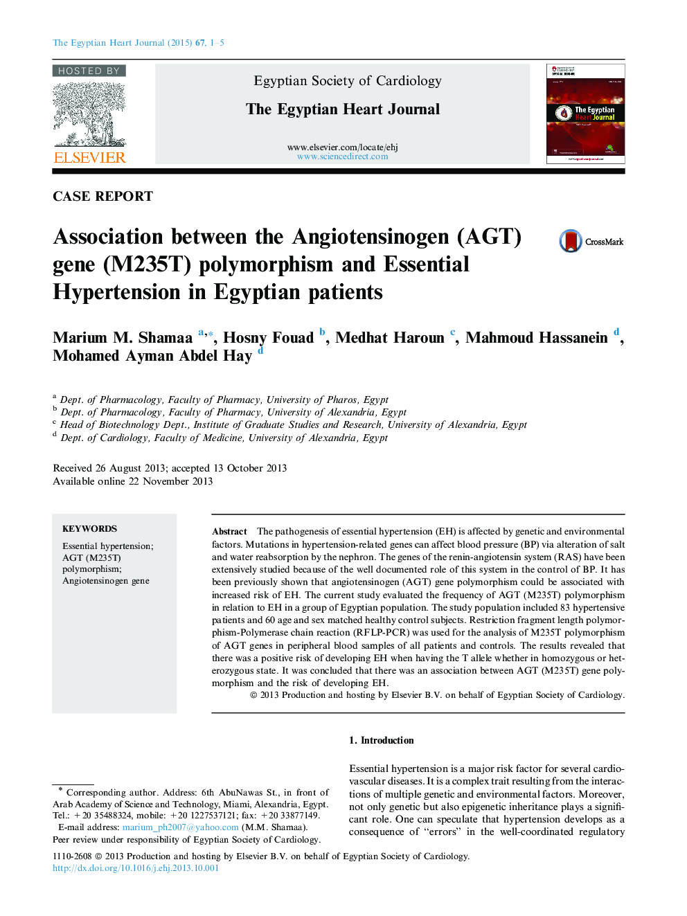 Association between the Angiotensinogen (AGT) gene (M235T) polymorphism and Essential Hypertension in Egyptian patients 