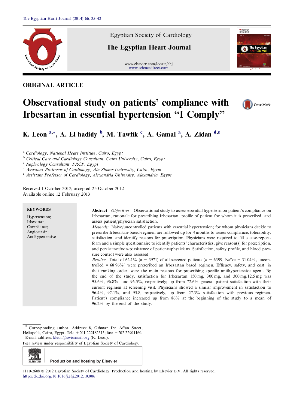 Observational study on patients’ compliance with Irbesartan in essential hypertension “I Comply” 