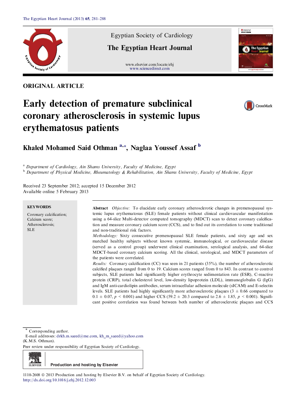 Early detection of premature subclinical coronary atherosclerosis in systemic lupus erythematosus patients 