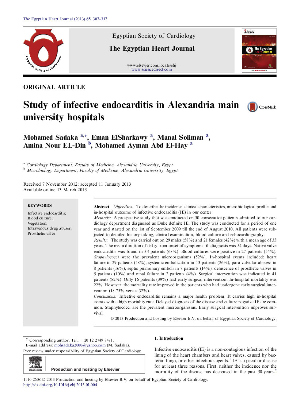 Study of infective endocarditis in Alexandria main university hospitals 