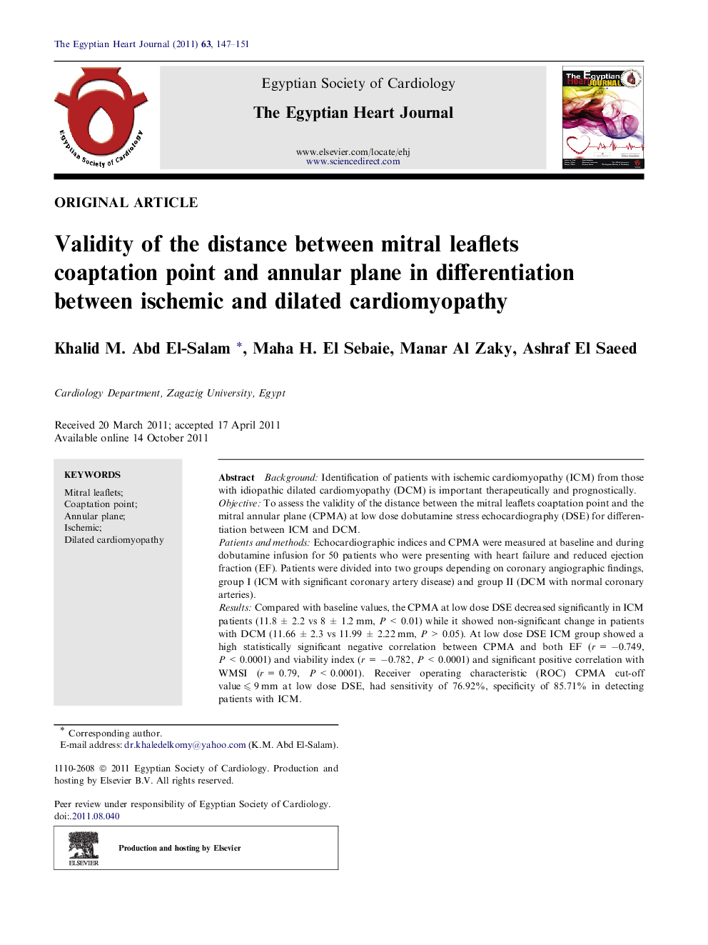 Validity of the distance between mitral leaflets coaptation point and annular plane in differentiation between ischemic and dilated cardiomyopathy