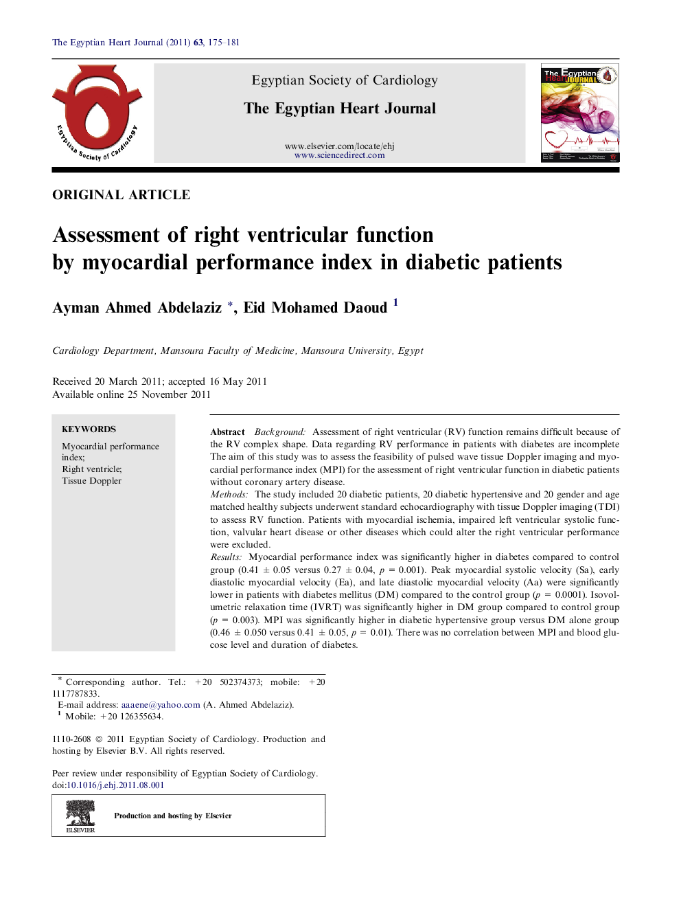 Assessment of right ventricular function by myocardial performance index in diabetic patients