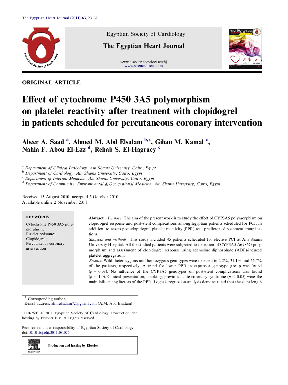 Effect of cytochrome P450 3A5 polymorphism on platelet reactivity after treatment with clopidogrel in patients scheduled for percutaneous coronary intervention