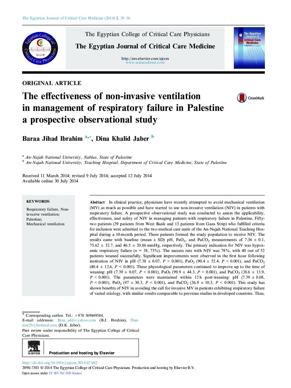 The effectiveness of non-invasive ventilation in management of respiratory failure in Palestine a prospective observational study 