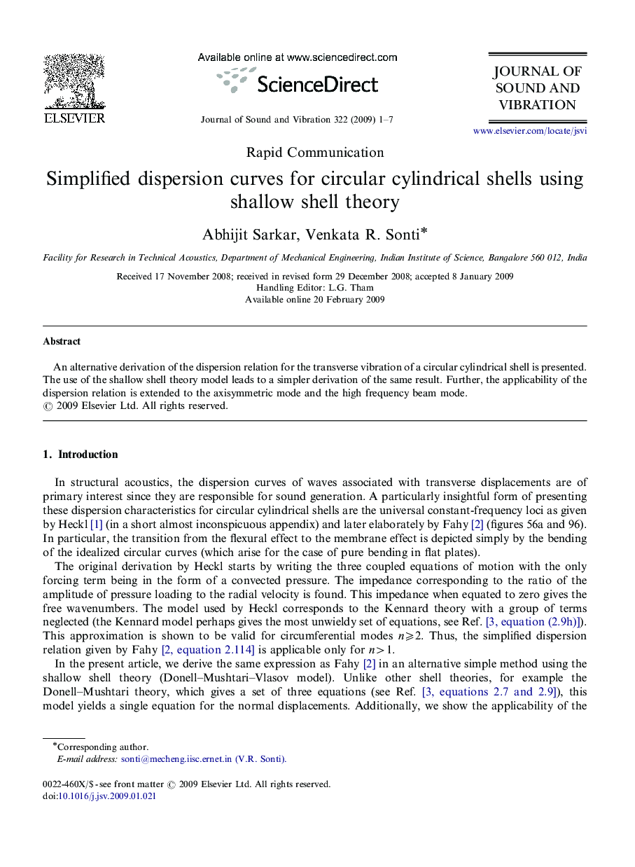 عکس صفحه اول مقاله: Simplified dispersion curves for circular cylindrical shells using shallow shell theory Simplified dispersion curves for circular cylindrical shells using shallow shell theory