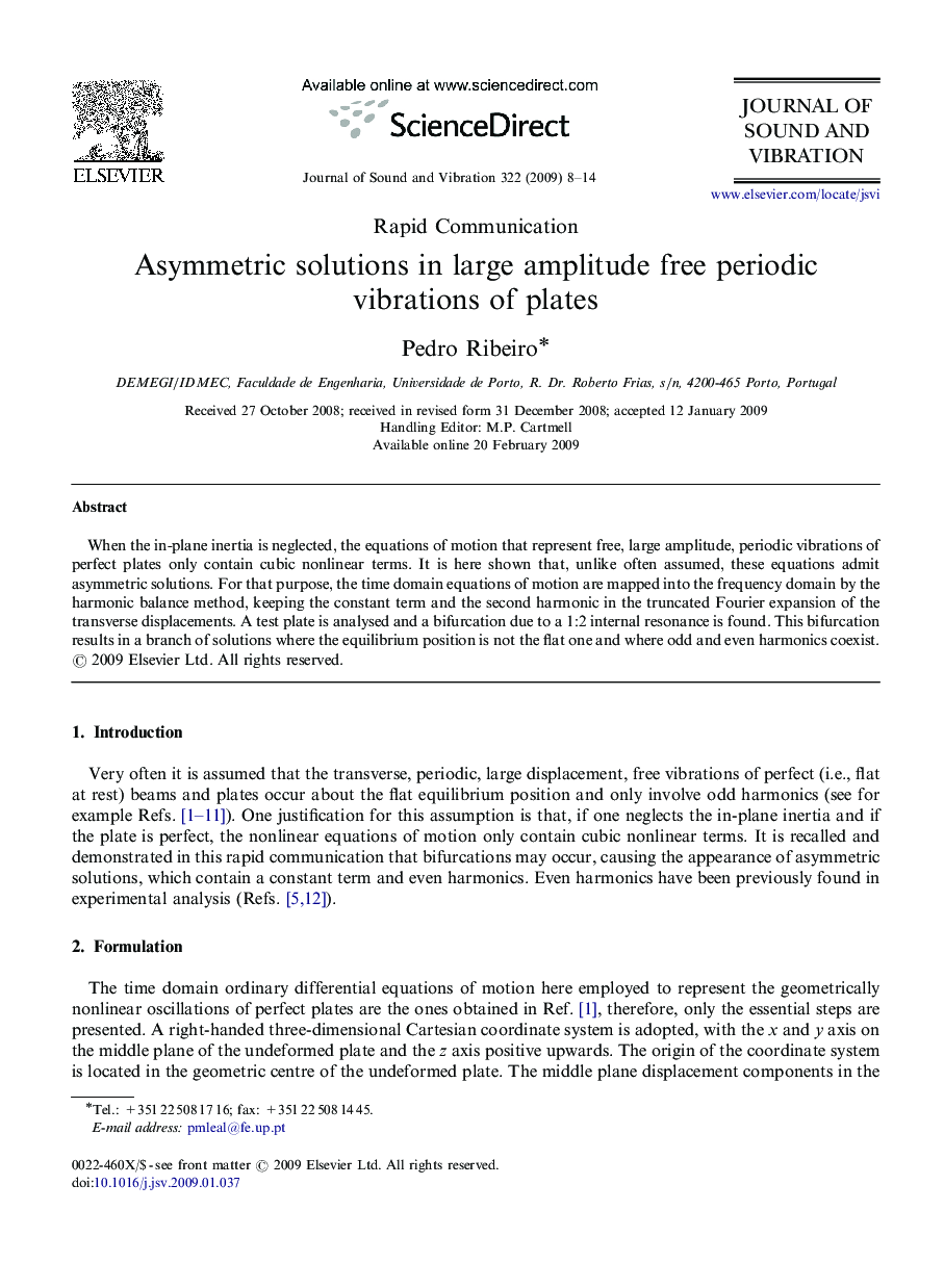 عکس صفحه اول مقاله: Asymmetric solutions in large amplitude free periodic vibrations of plates Asymmetric solutions in large amplitude free periodic vibrations of plates