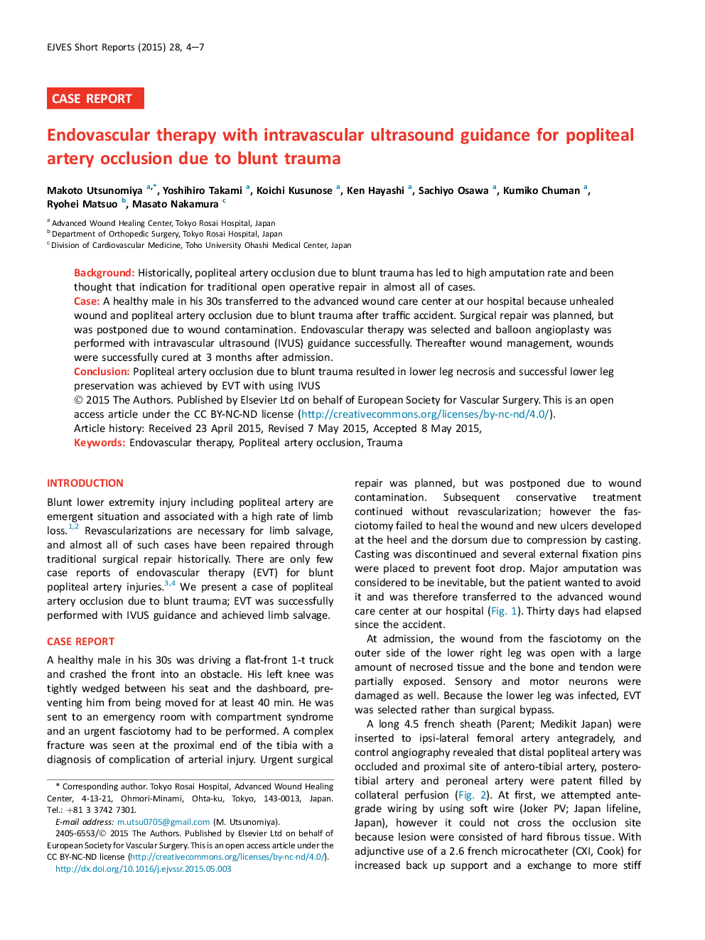 Endovascular therapy with intravascular ultrasound guidance for popliteal artery occlusion due to blunt trauma