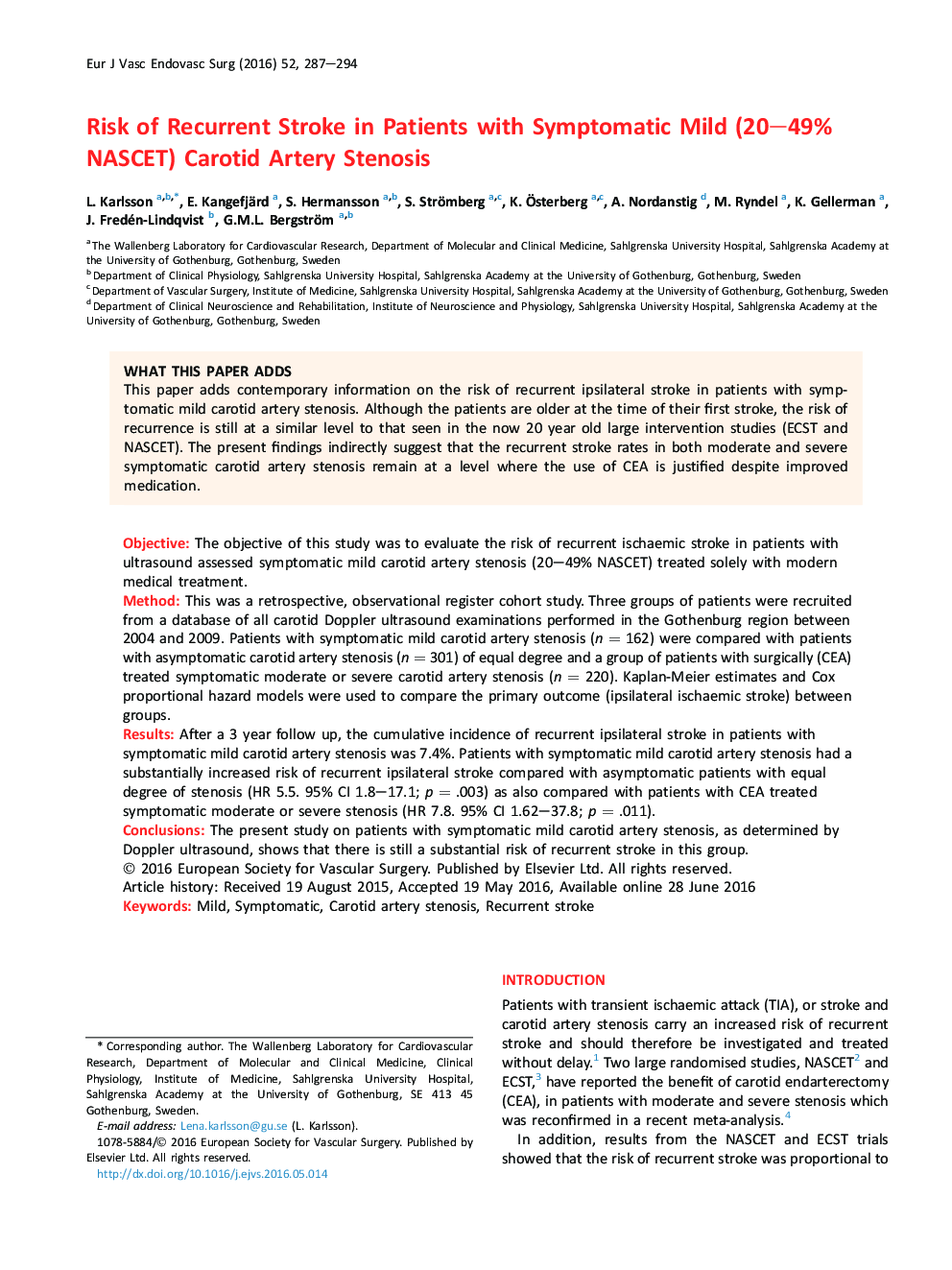 Risk of Recurrent Stroke in Patients with Symptomatic Mild (20–49% NASCET) Carotid Artery Stenosis