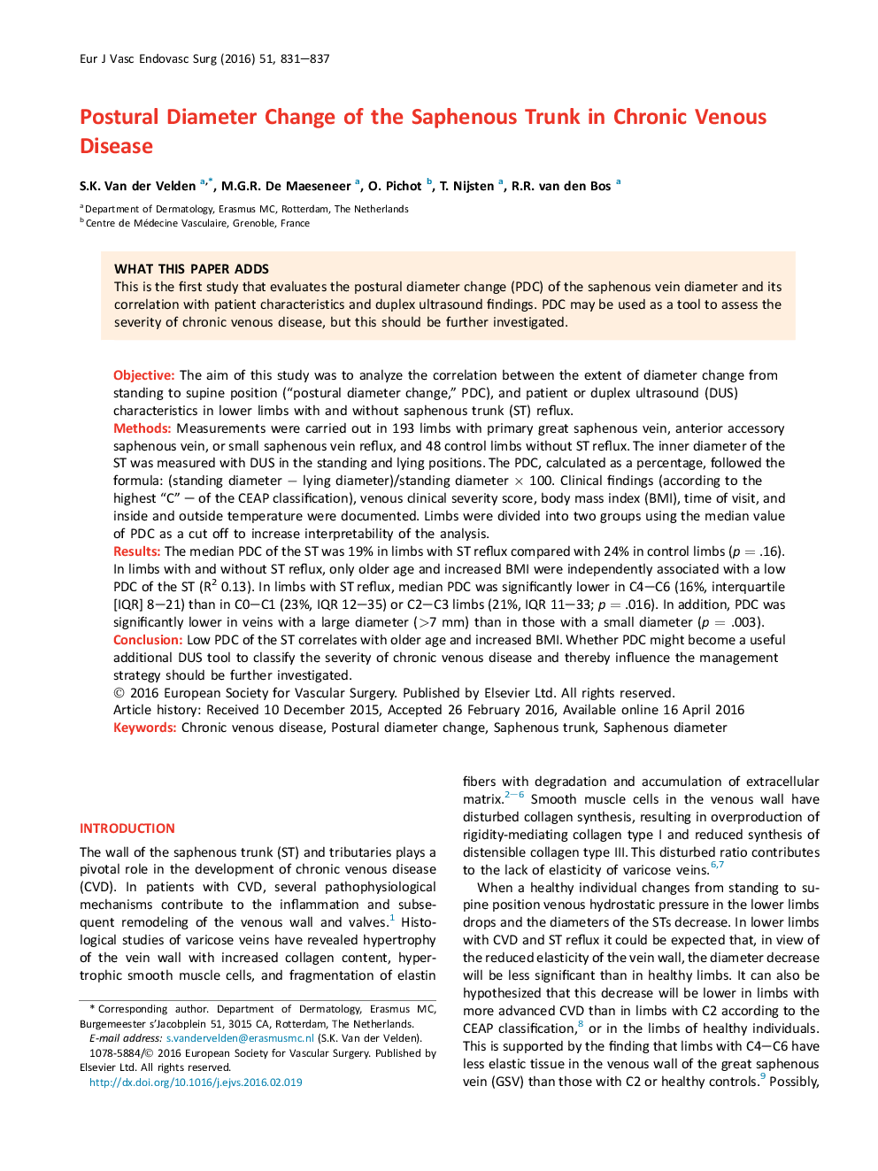 Postural Diameter Change of the Saphenous Trunk in Chronic Venous Disease