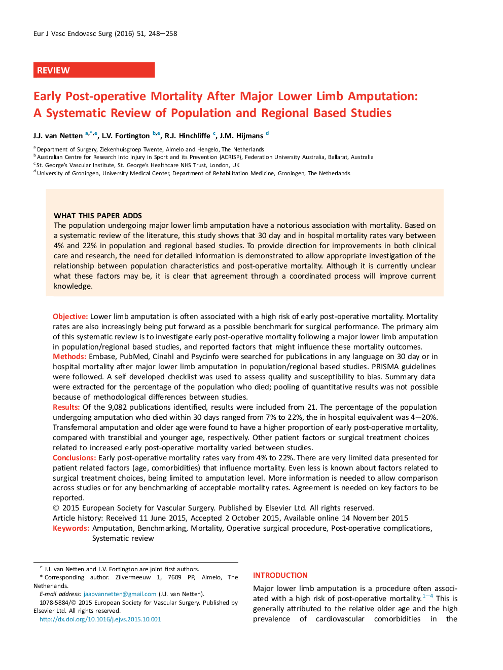 Early Post-operative Mortality After Major Lower Limb Amputation: A Systematic Review of Population and Regional Based Studies