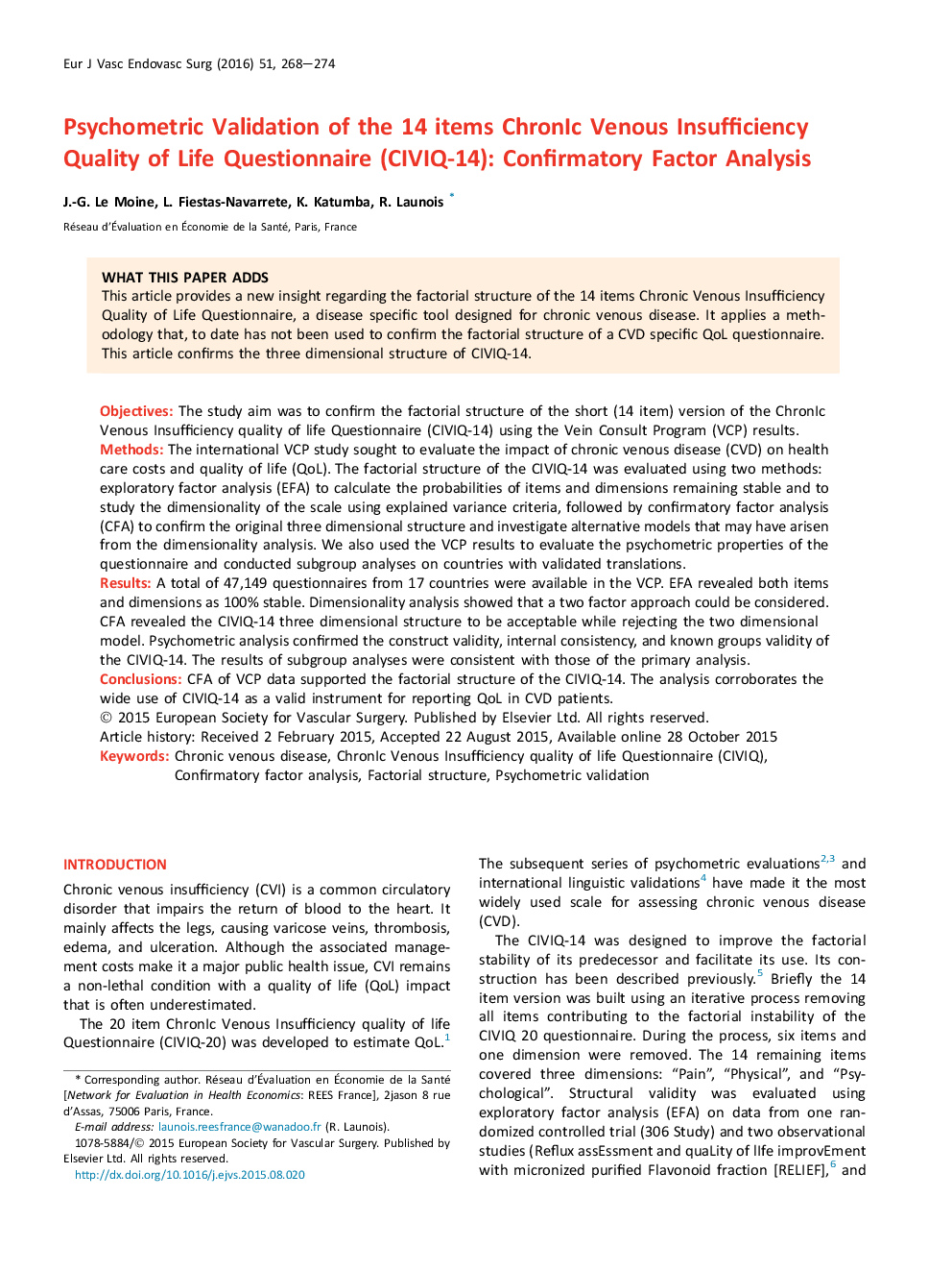 Psychometric Validation of the 14 items ChronIc Venous Insufficiency Quality of Life Questionnaire (CIVIQ-14): Confirmatory Factor Analysis