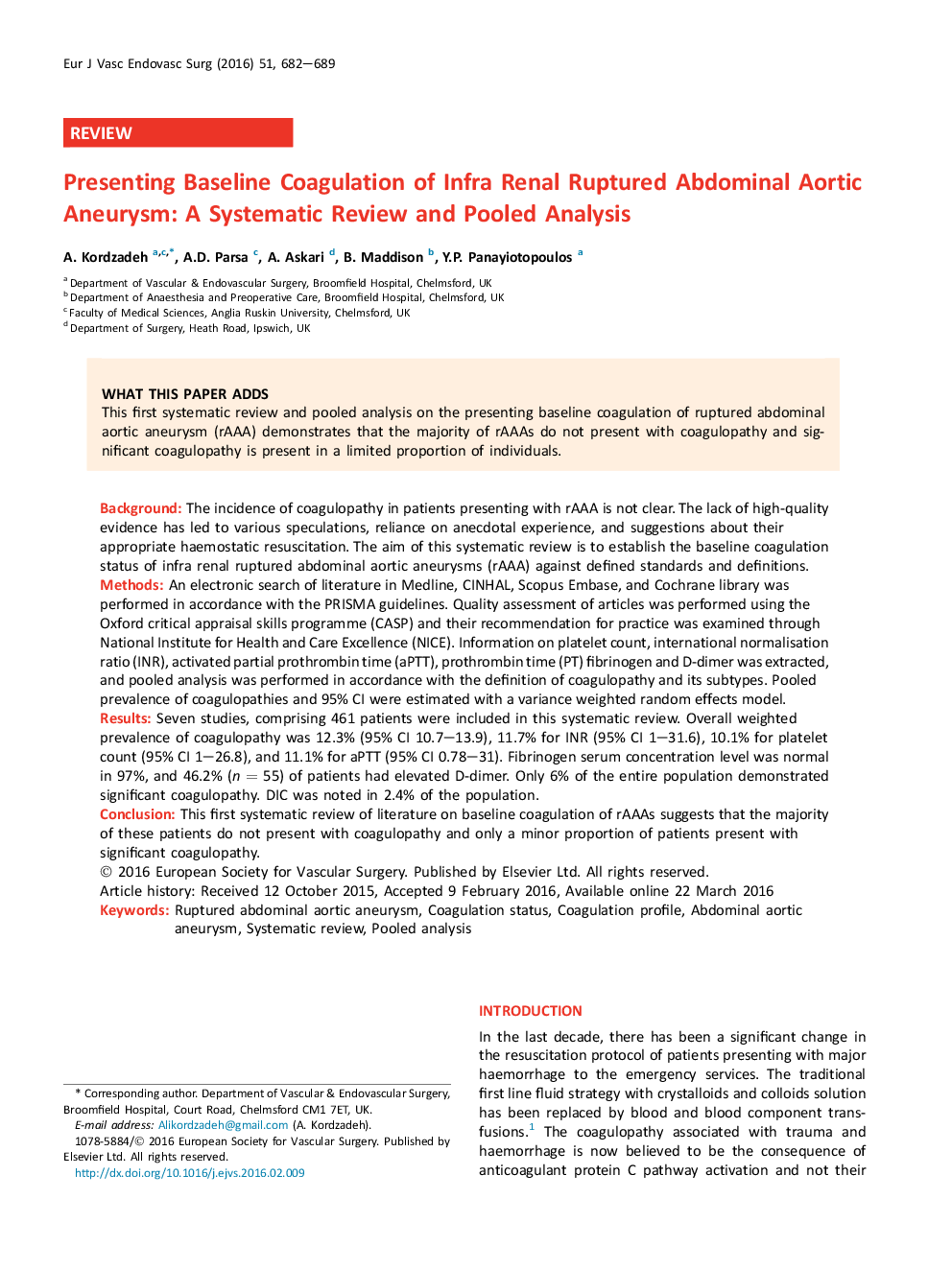 Presenting Baseline Coagulation of Infra Renal Ruptured Abdominal Aortic Aneurysm: A Systematic Review and Pooled Analysis