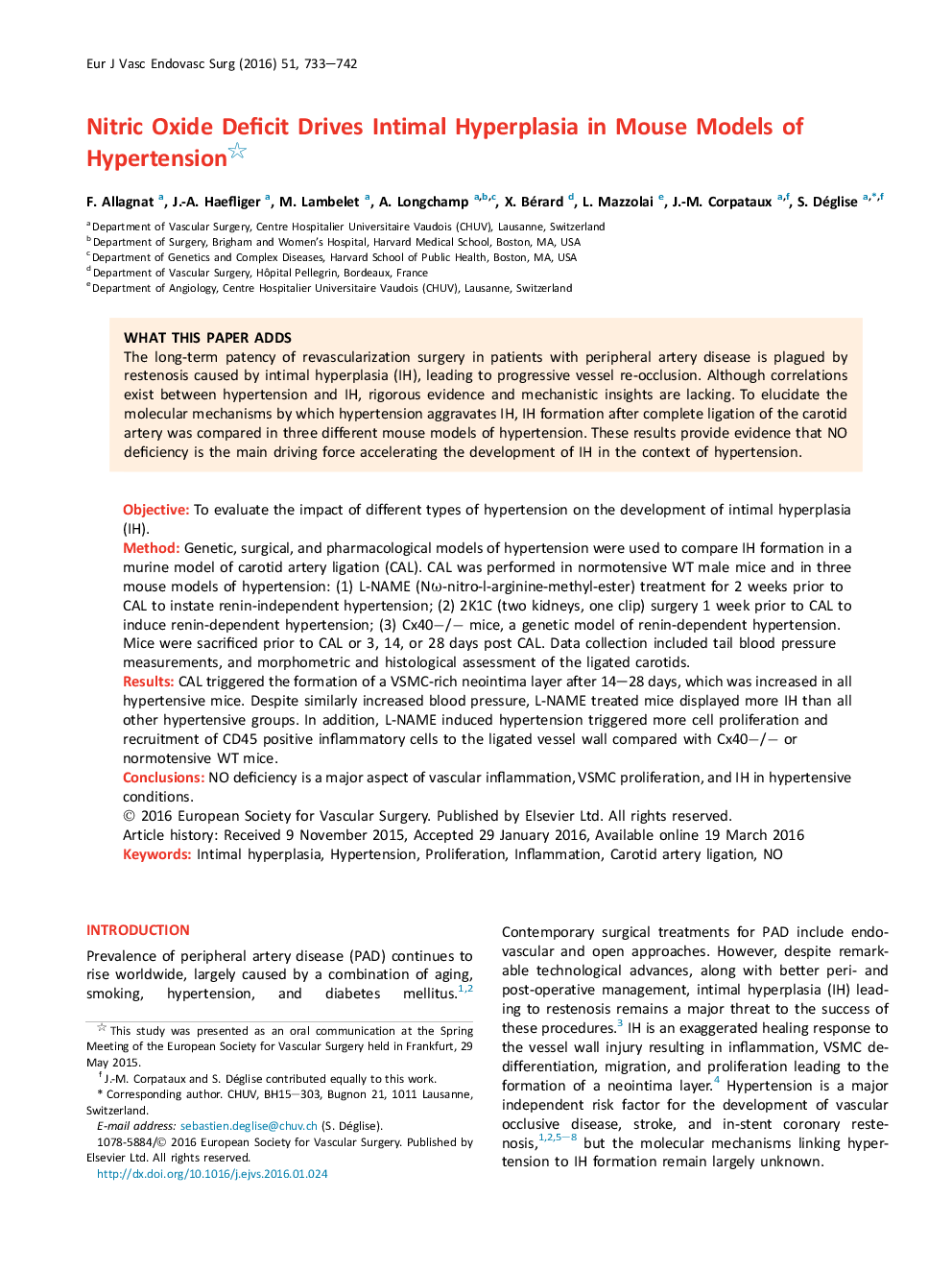 Nitric Oxide Deficit Drives Intimal Hyperplasia in Mouse Models of Hypertension 