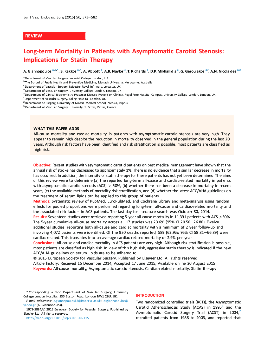 Long-term Mortality in Patients with Asymptomatic Carotid Stenosis: Implications for Statin Therapy