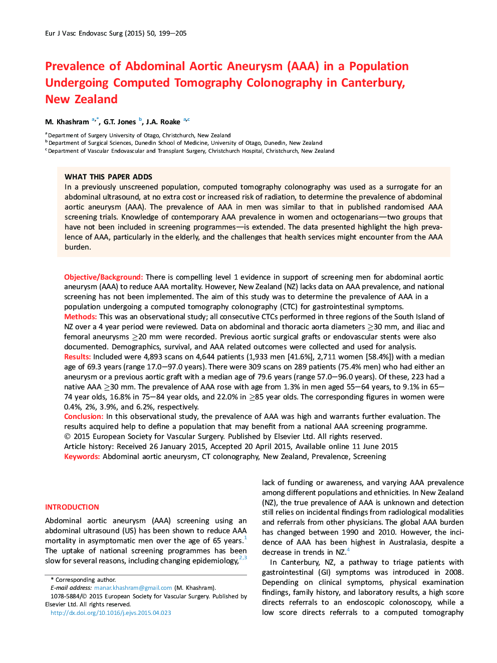 Prevalence of Abdominal Aortic Aneurysm (AAA) in a Population Undergoing Computed Tomography Colonography in Canterbury, New Zealand