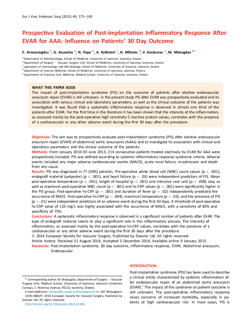 Prospective Evaluation of Post-implantation Inflammatory Response After EVAR for AAA: Influence on Patients' 30 Day Outcome