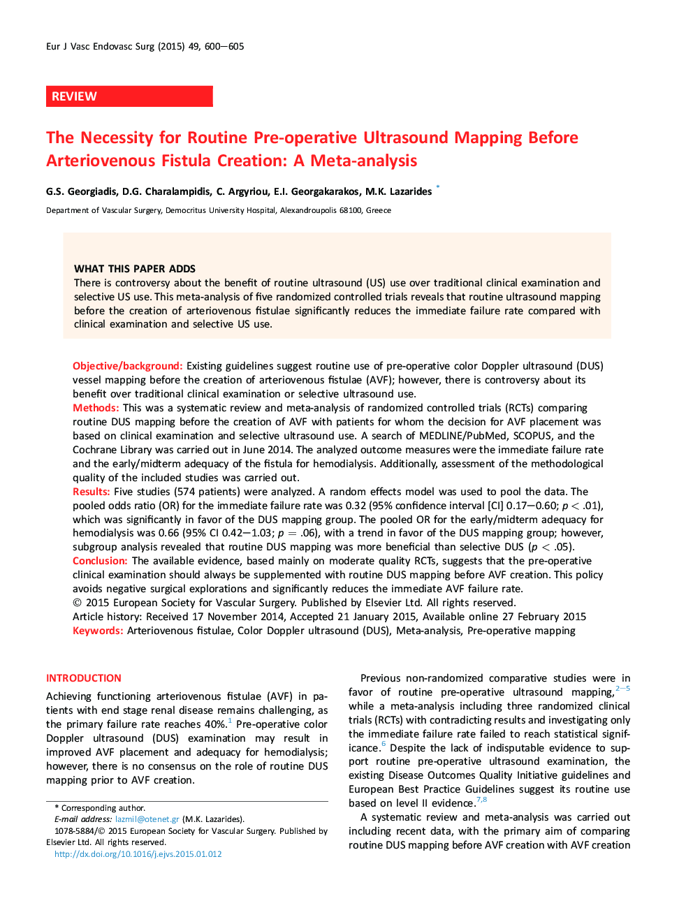 The Necessity for Routine Pre-operative Ultrasound Mapping Before Arteriovenous Fistula Creation: A Meta-analysis