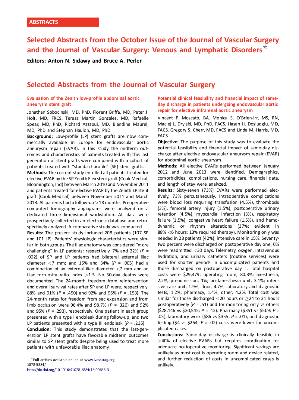 Selected Abstracts from the October Issue of the Journal of Vascular Surgery and the Journal of Vascular Surgery: Venous and Lymphatic Disorders