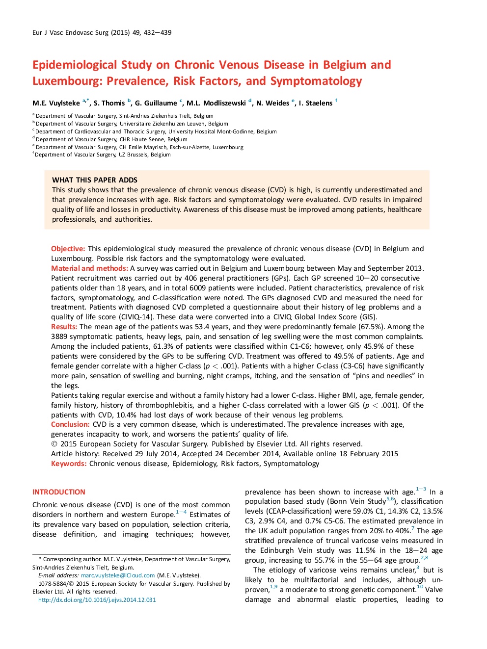 Epidemiological Study on Chronic Venous Disease in Belgium and Luxembourg: Prevalence, Risk Factors, and Symptomatology