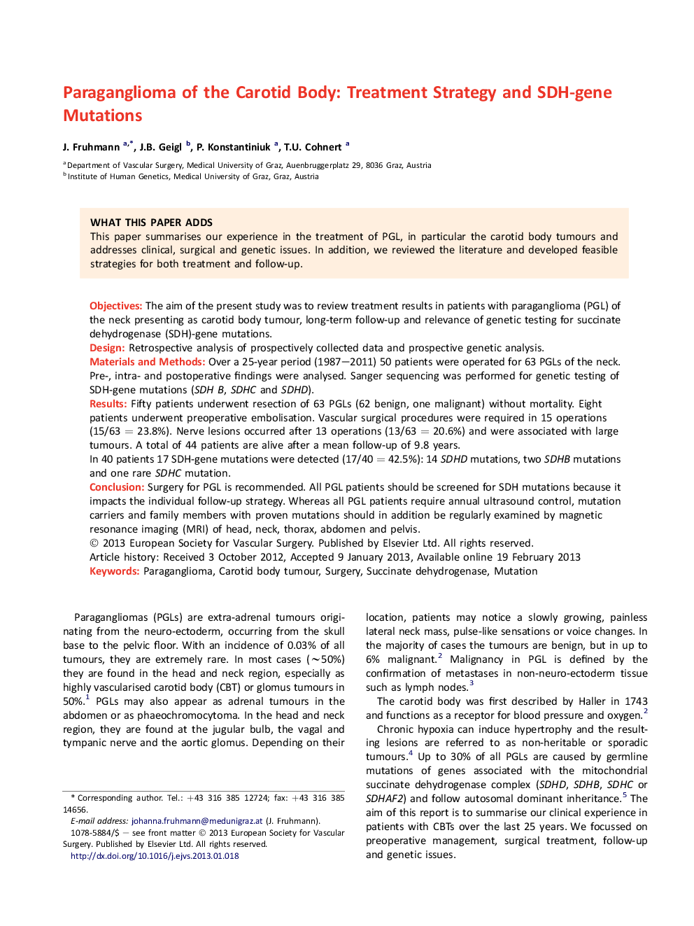 Paraganglioma of the Carotid Body: Treatment Strategy and SDH-gene Mutations