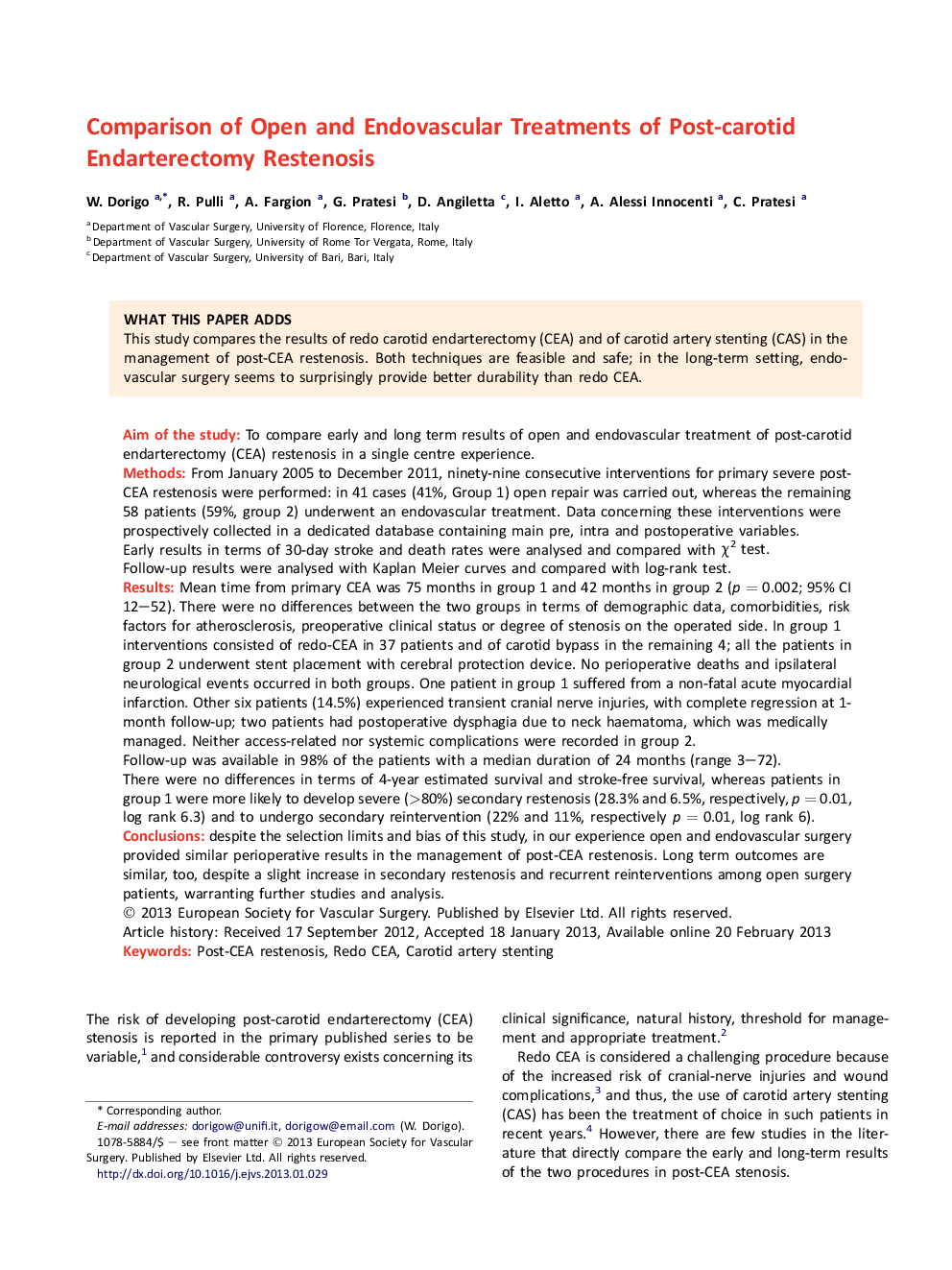 Comparison of Open and Endovascular Treatments of Post-carotid Endarterectomy Restenosis