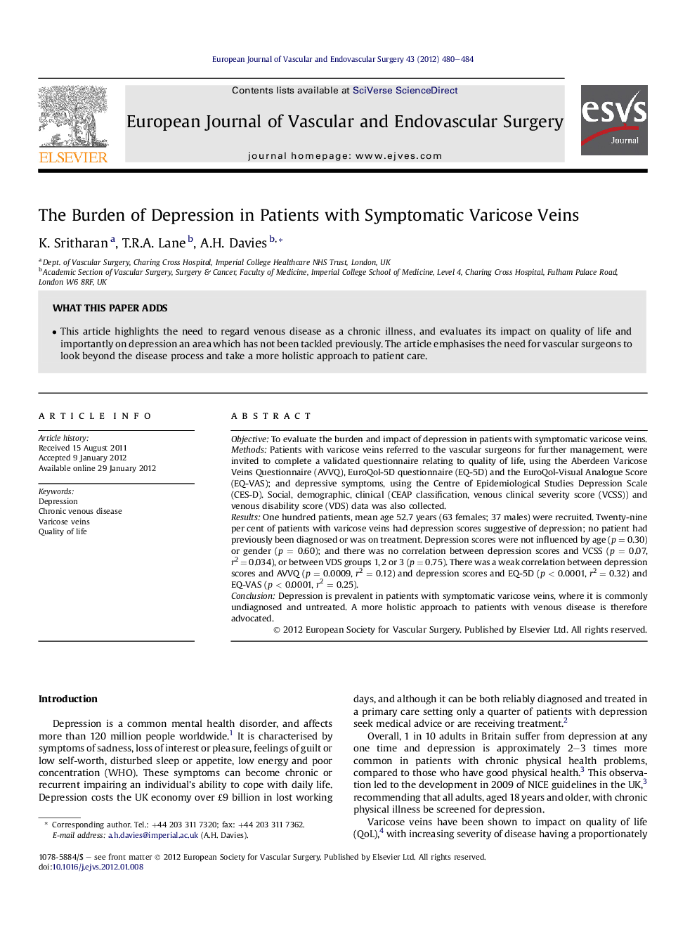 The Burden of Depression in Patients with Symptomatic Varicose Veins