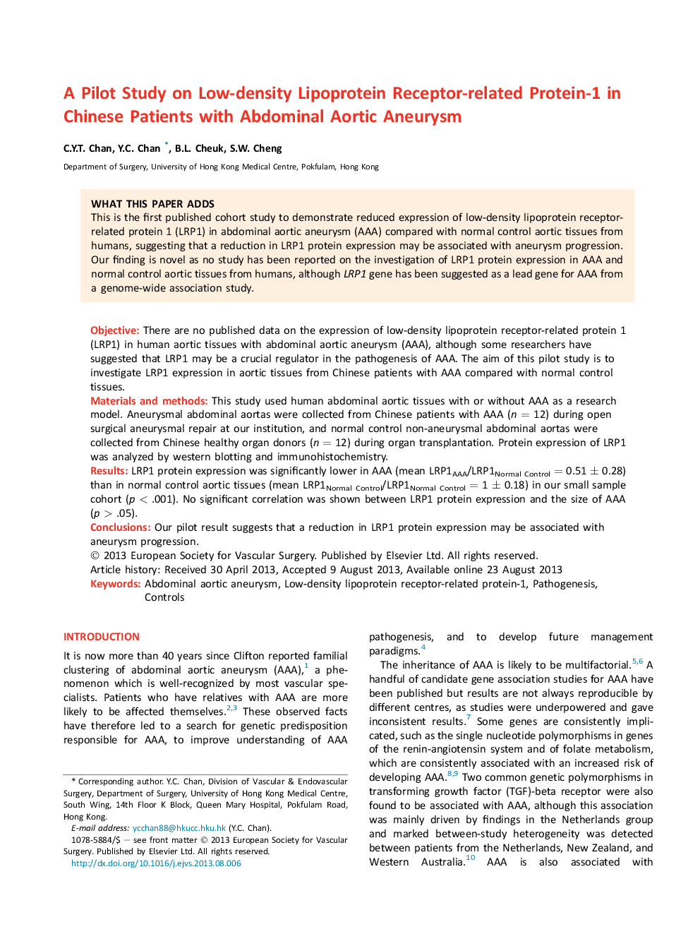 A Pilot Study on Low-density Lipoprotein Receptor-related Protein-1 in Chinese Patients with Abdominal Aortic Aneurysm