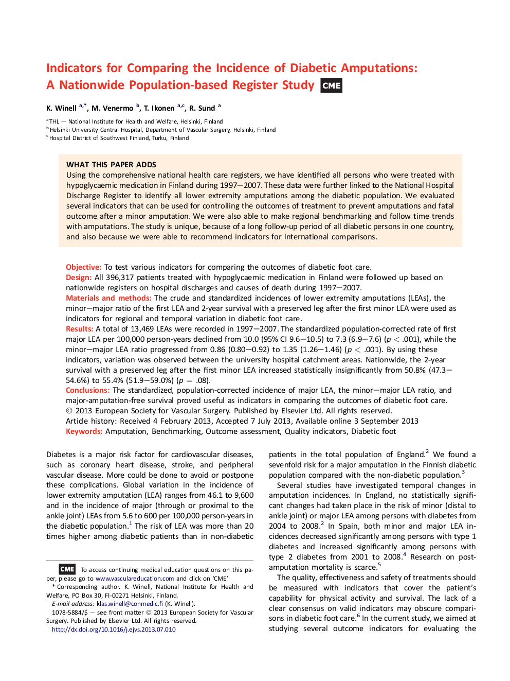 Indicators for Comparing the Incidence of Diabetic Amputations: A Nationwide Population-based Register Study 