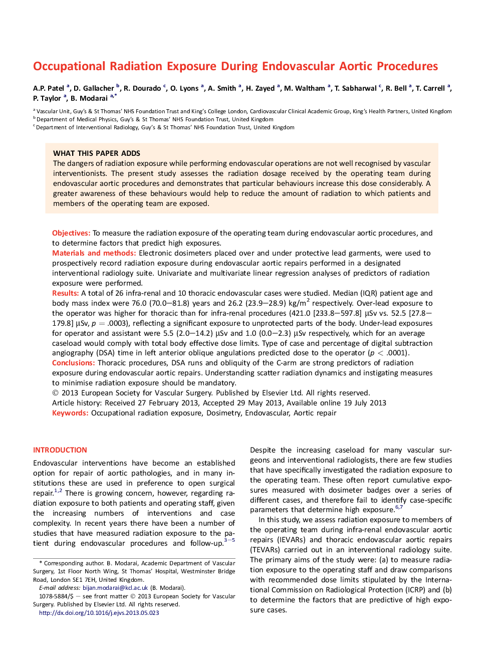 Occupational Radiation Exposure During Endovascular Aortic Procedures